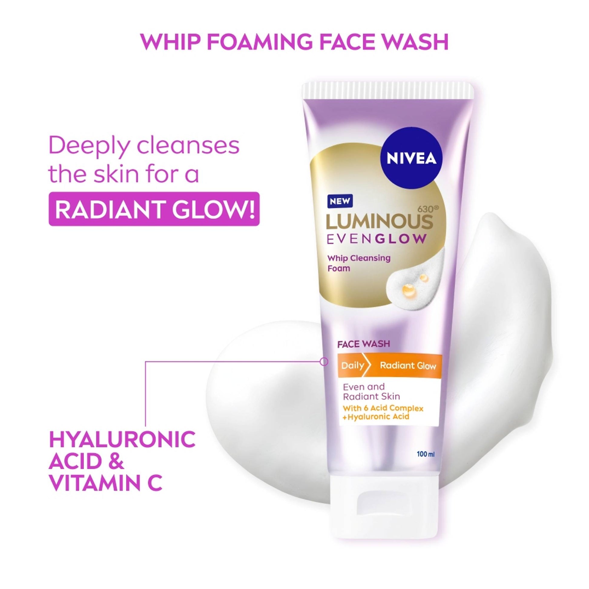 NIVEA Luminous Even Glow Whip Foam Daily Gentle Face Wash With Hyaluronic