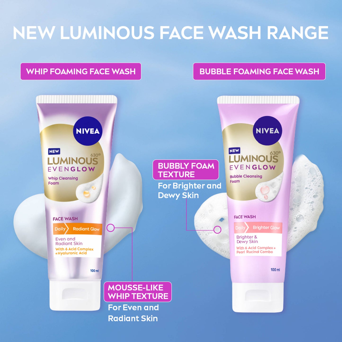NIVEA Luminous Even Glow Whip Foam Daily Gentle Face Wash With Hyaluronic