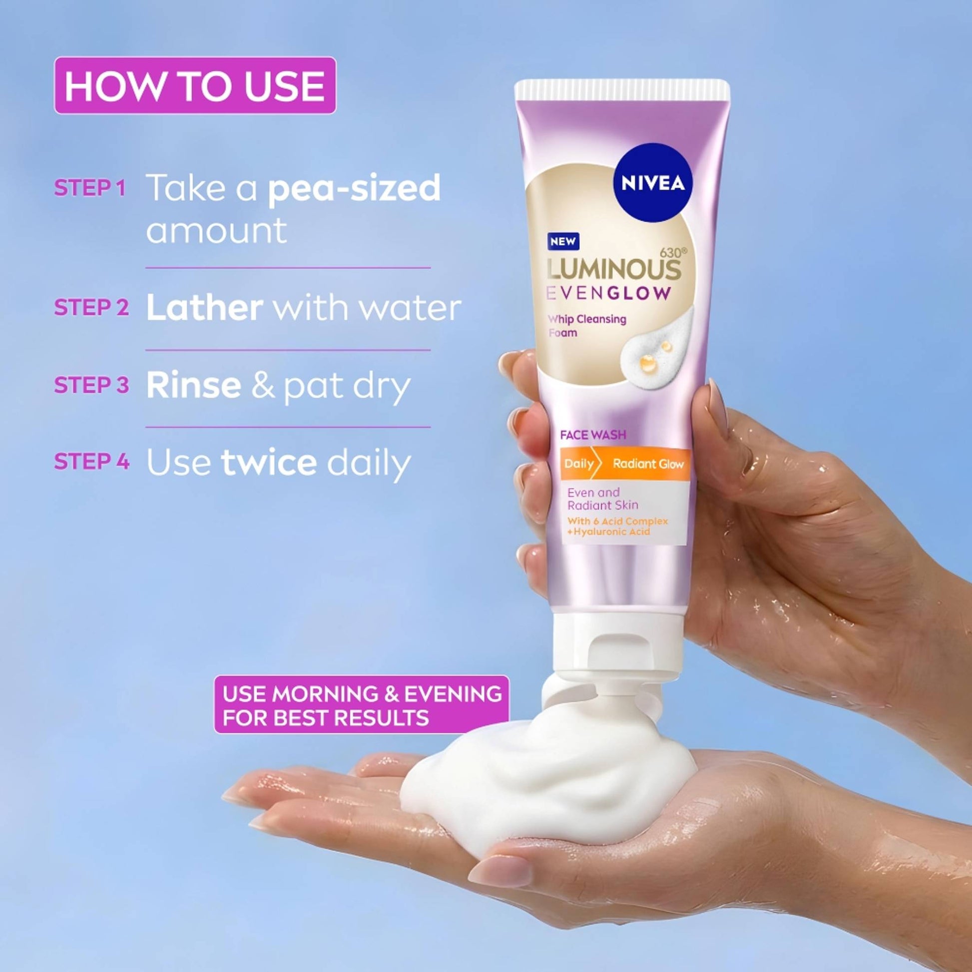 NIVEA Luminous Even Glow Whip Foam Daily Gentle Face Wash With Hyaluronic