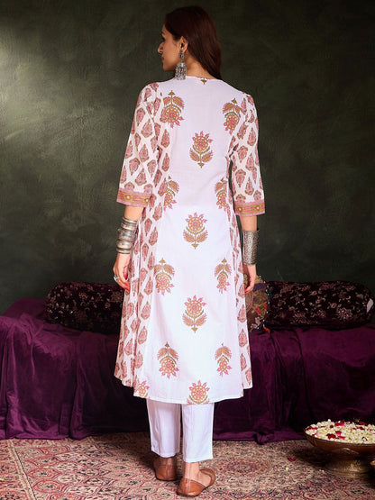 Dhiyona IE Floral Printed V-Neck Pure Cotton A-Line Tunic With Trouser
