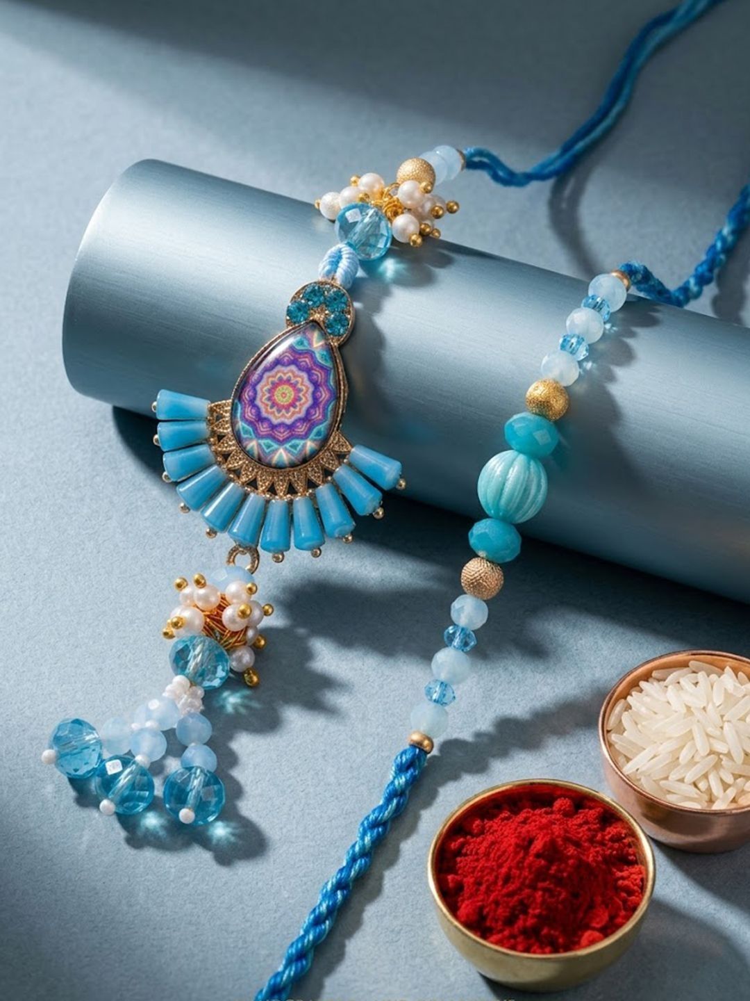 Anouk Set Of 2 Transparent Beads Pear Shape Bhaiya Bhabhi Rakhi With Roli Chawal Chandan