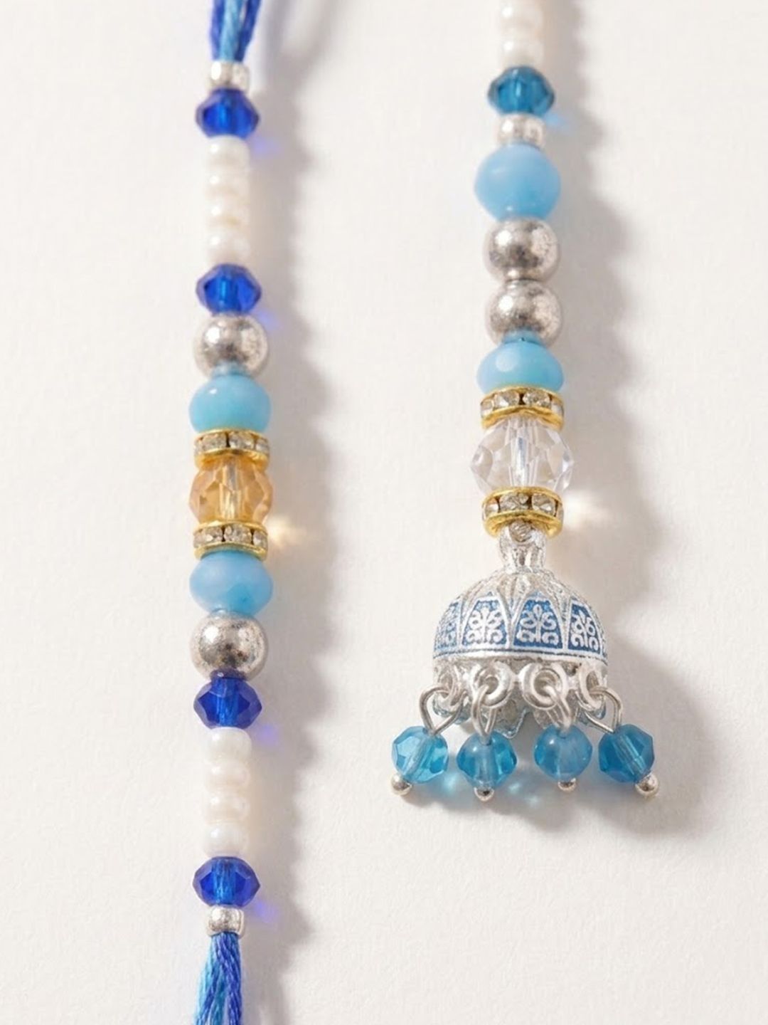 Anouk Set Of 2 Blue Artificial Beads Jhumka Design Bhaiya Bhabhi Rakhi With Roli Chawal