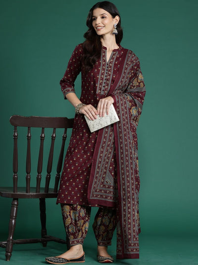 Indyancart IE Ethnic Motifs Printed Straight Pure Cotton Kurta With Patiala & Dupatta