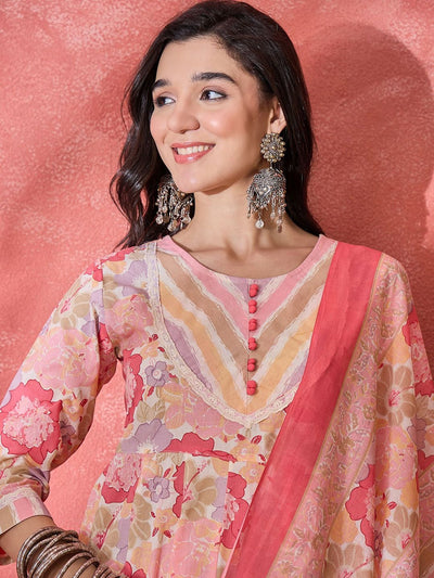 Indyancart SN Women's Floral Printed Pure Cotton Round Neck Kurta Trouser With Dupatta Set