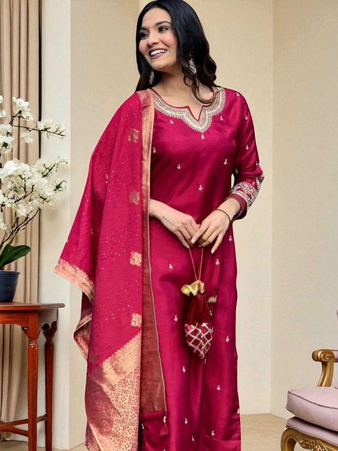 Indyancart SN Women's Embroidered Calf Length Regular Straight Kurta & Pyjamas With Dupatta