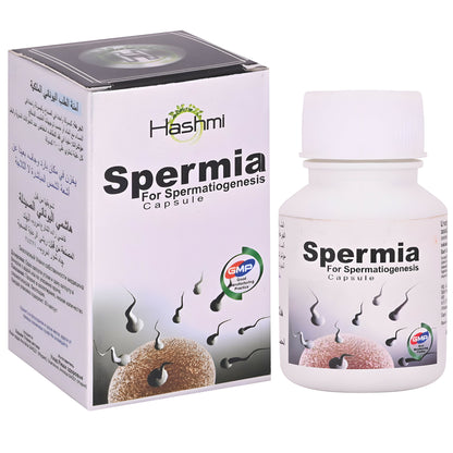 Hashmi Spermia Unani capsules for men, showing the herbal supplement packaging and capsules designed to boost energy and vitality.