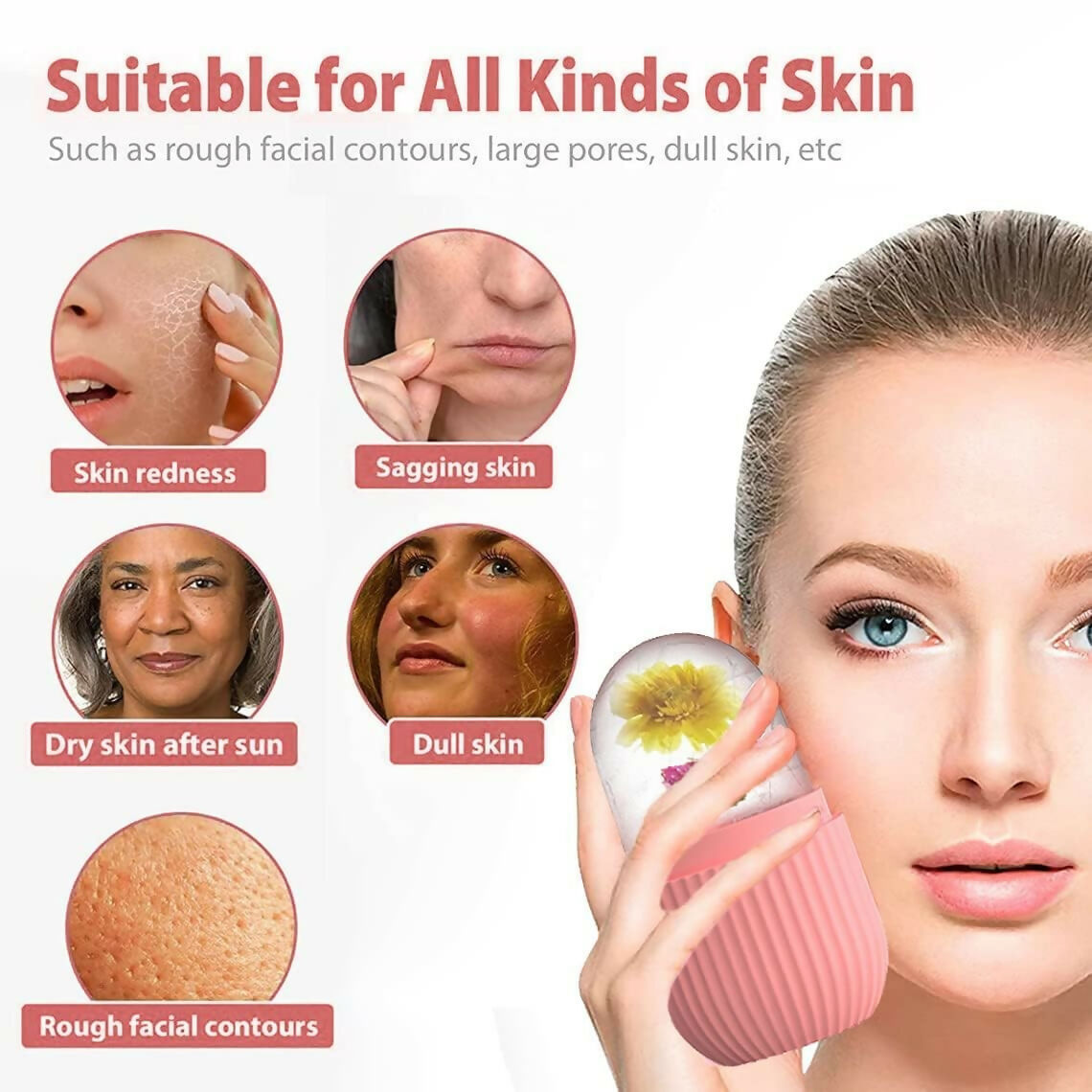 Ice Face Roller Silicone Facial Cube for Eyes Neck Massage Remove Dark Circle - Pink