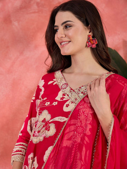 Indyancart SN Women's Floral Printed With Thread Work Embroidered Kurta With Trousers & Dupatta