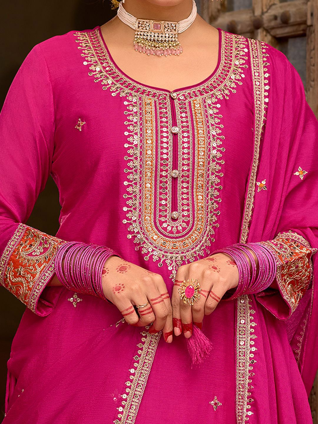 Dhiyona IE Sequinned Embroidered Round Neck Kurta With Palazzos & Dupatta