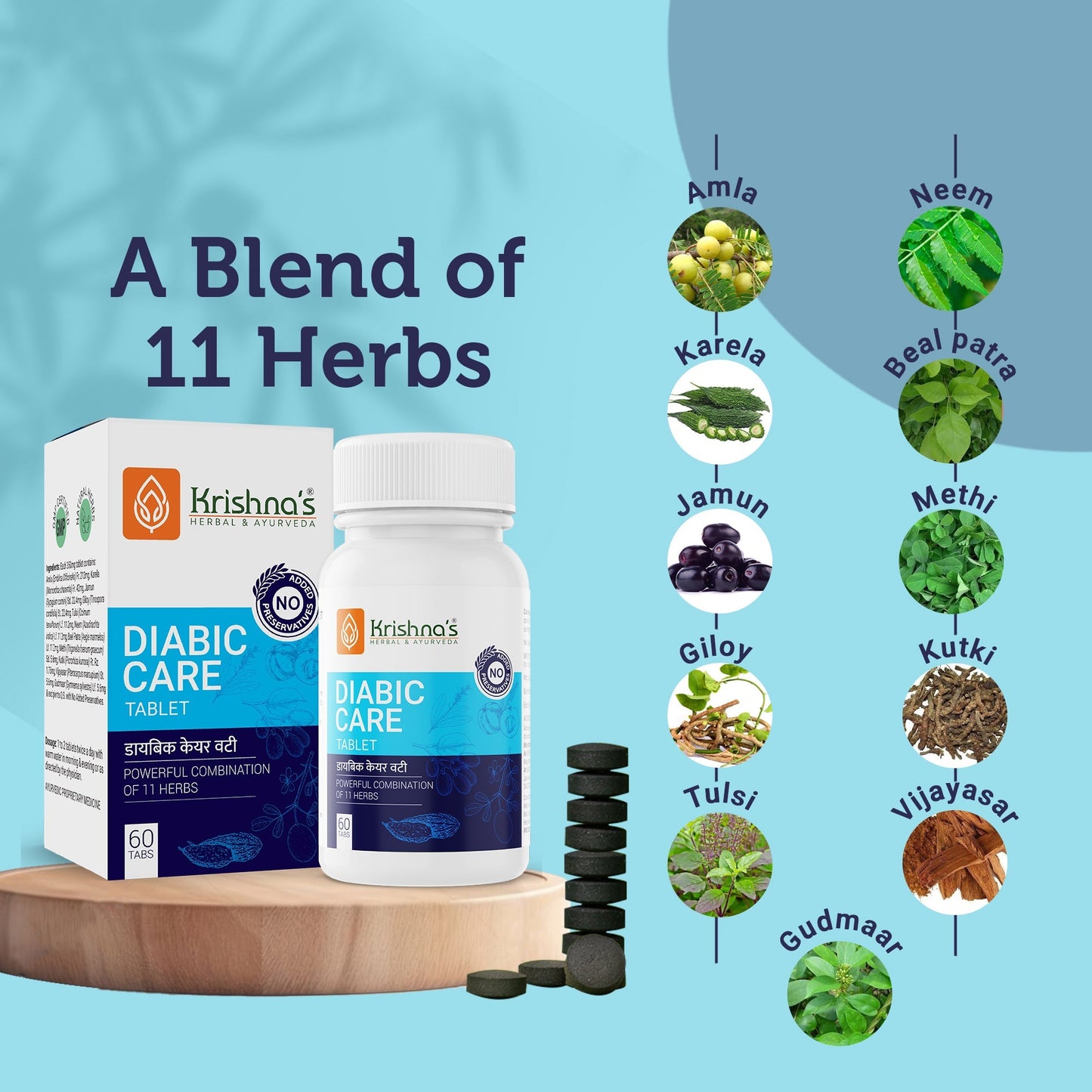 Krishna's Herbal & Ayurveda Diabetic Care Tablets in a bottle, natural Ayurvedic medicine for blood sugar management.