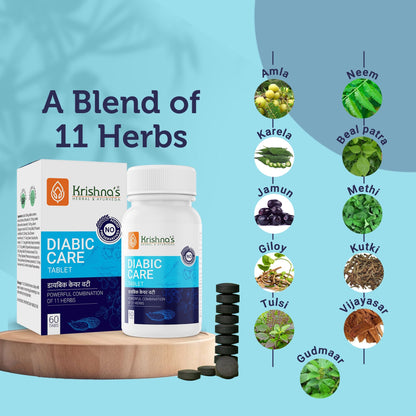 Krishna's Herbal & Ayurveda Diabetic Care Tablets in a bottle, natural Ayurvedic medicine for blood sugar management.