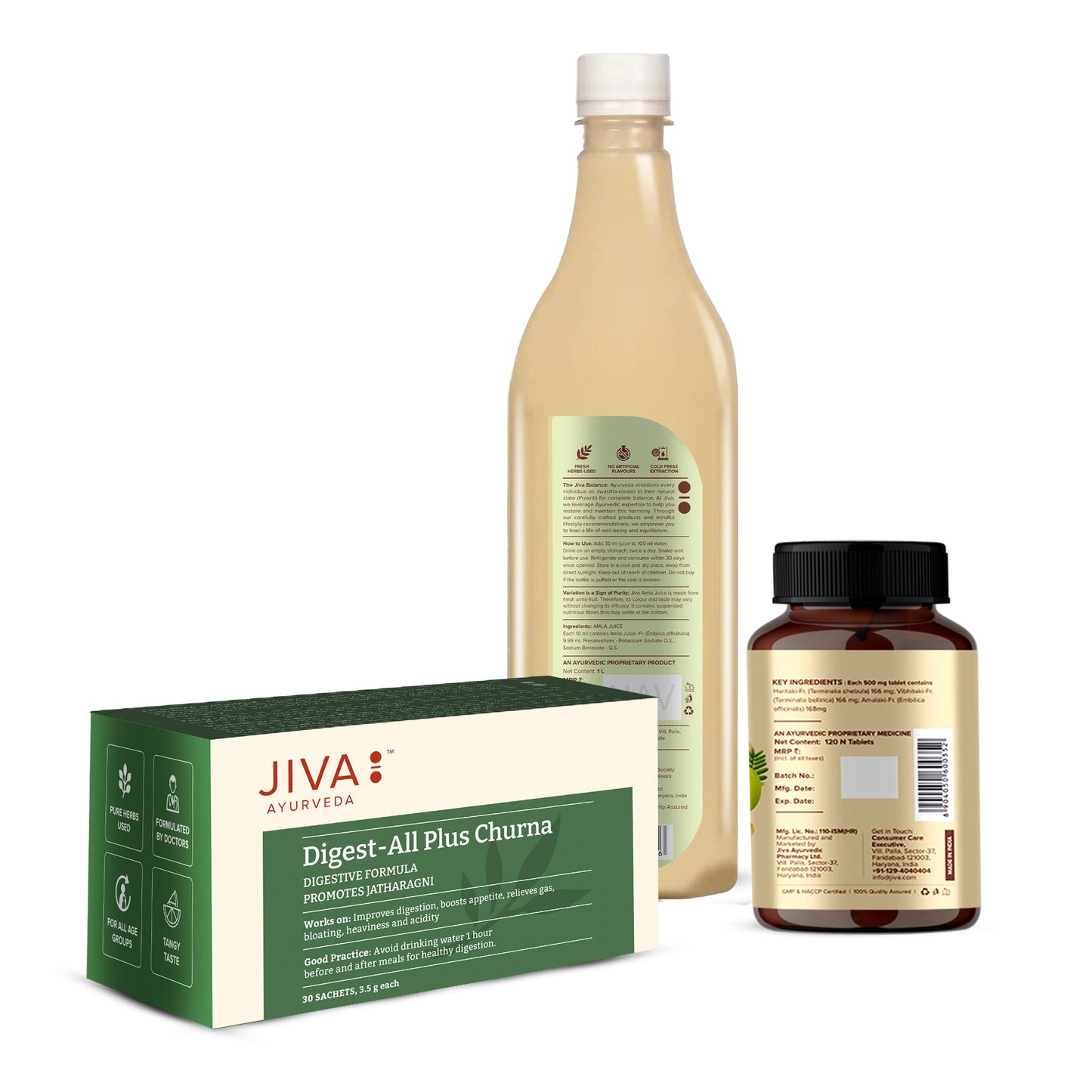 Jiva Ayurveda Digestive Care Combo - Digest-All Churana 30 Sachet - Amla Juice 1L - Triphala 120 Tablet