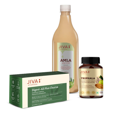 Jiva Ayurveda Digestive Care Combo | Digest-All Churana 30 Sachet | Amla Juice 1L | Triphala 120 Tablet | Complete Ayurvedic Gut Care for Digestion, Detox & Immunity