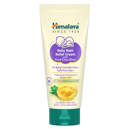 Himalaya Herbals Baby Rash Relief Cream with pure cow ghee in a baby body lotion tube, designed to soothe delicate skin.