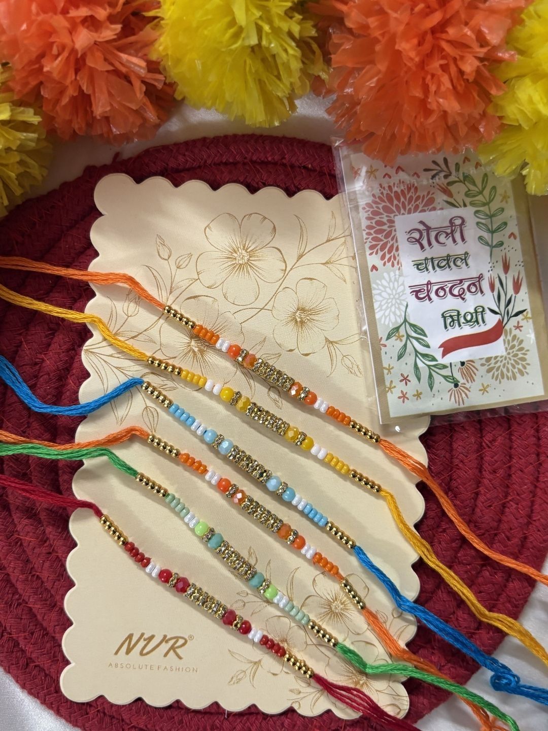 Anouk Set Of 6 Multi Artificial Beads Thread Rakhi With Roli Chawal Chandan Mishri