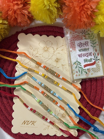 Anouk Set Of 6 Multi Artificial Beads Thread Rakhi With Roli Chawal Chandan Mishri
