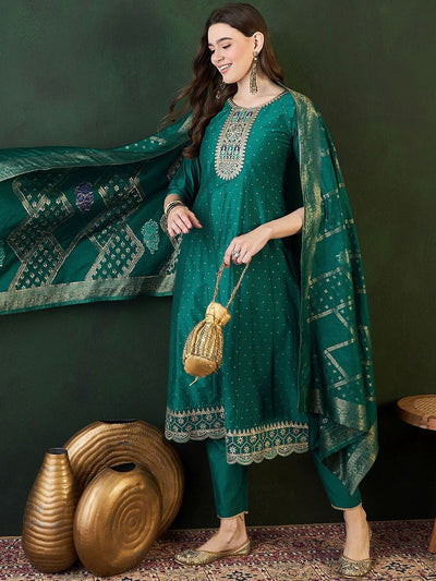 Indyancart SN Women's Floral Embroidered Layered Kurta with Trouser & Dupatta