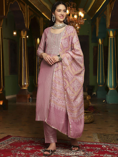 Indyancart SN Women's Mauve Floral Embroidered Round Neck Straight Kurta With Trouser & Dupatta