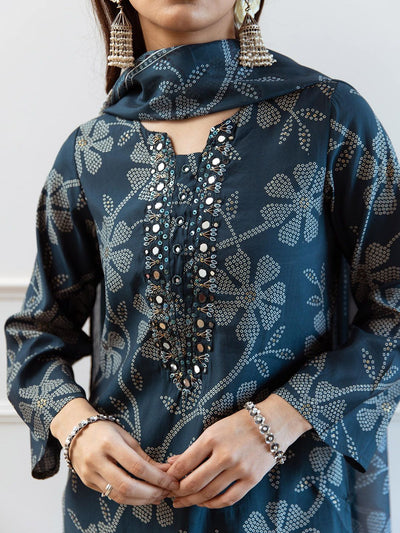 Indyancart SN Women's Floral Printed Notch Neck Mirror Work Modal Muslin Kurta & Trousers With Dupatta
