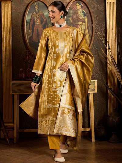 Indyancart IE Ethnic Motifs Woven Design Zari Straight Kurta With Trousers & Dupatta