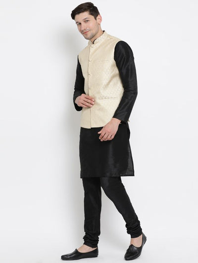 Men's Black Silk Blend Straight Jacket  Kurta and Pyjama Set