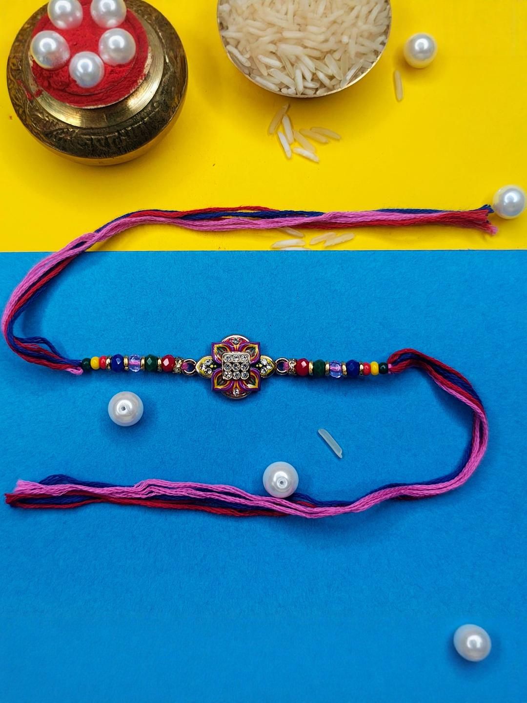 Anouk Set Of 12 Beaded Cotton Thread with AD Stones & Meenakari Designer Rakhi for Brother