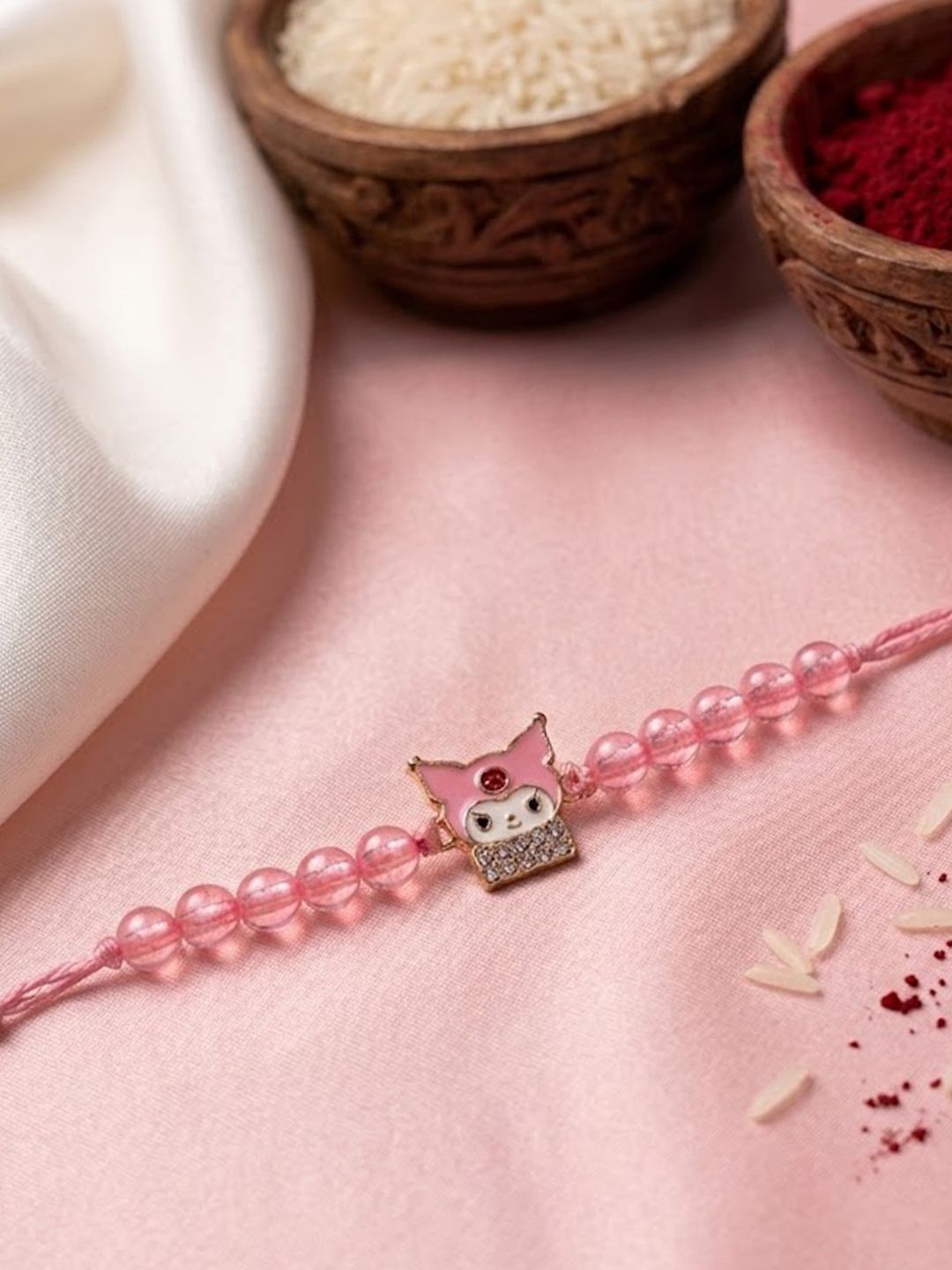 Anouk Pink Transparent Beaded Cartoon Character Kids Rakhi With Roli Chawal Chandan Mishri