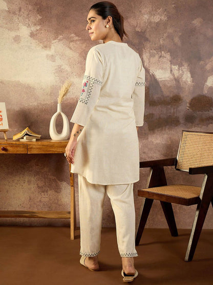 Dhiyona IE Embroidered Pure Cotton Mandarin Collar Neck Top With Trousers A-Line Co-Ords