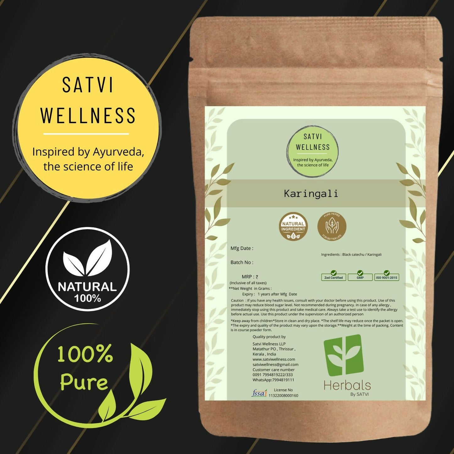 Black Catechu powder in a glass jar, Ayurvedic supplement from Satvi Wellness, with a dark brown powder visible inside.