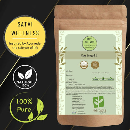 Black Catechu powder in a glass jar, Ayurvedic supplement from Satvi Wellness, with a dark brown powder visible inside.