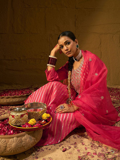 Indyancart IE Leheriya Embroidered Thread Work Chanderi Silk Kurta With Trousers & Dupatta