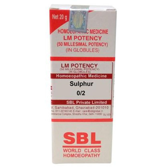 SBL Homeopathy Sulphur LM potency bottle, a wellness remedy with a white label and dropper cap, on a neutral background.
