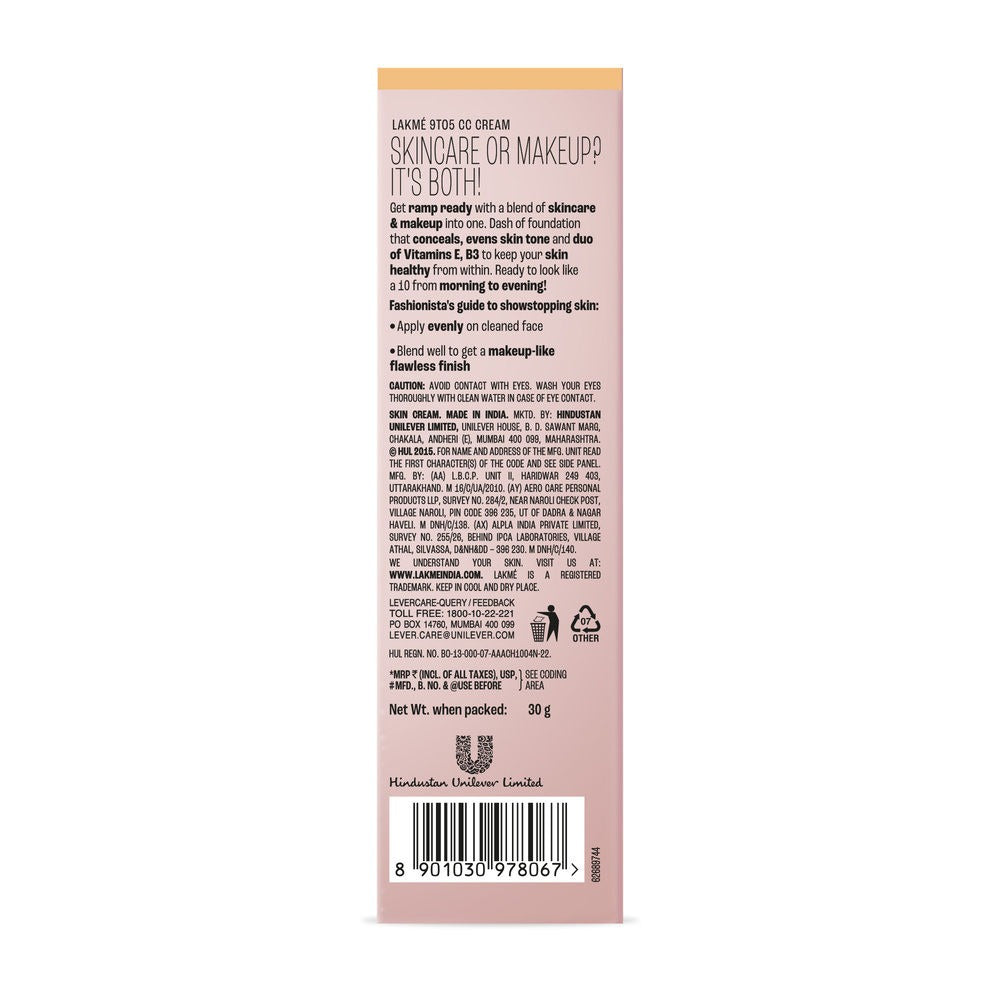 Lakme 9 To 5 Complexion Care Cc Face Cream SPF 30-Honey - Indyancart