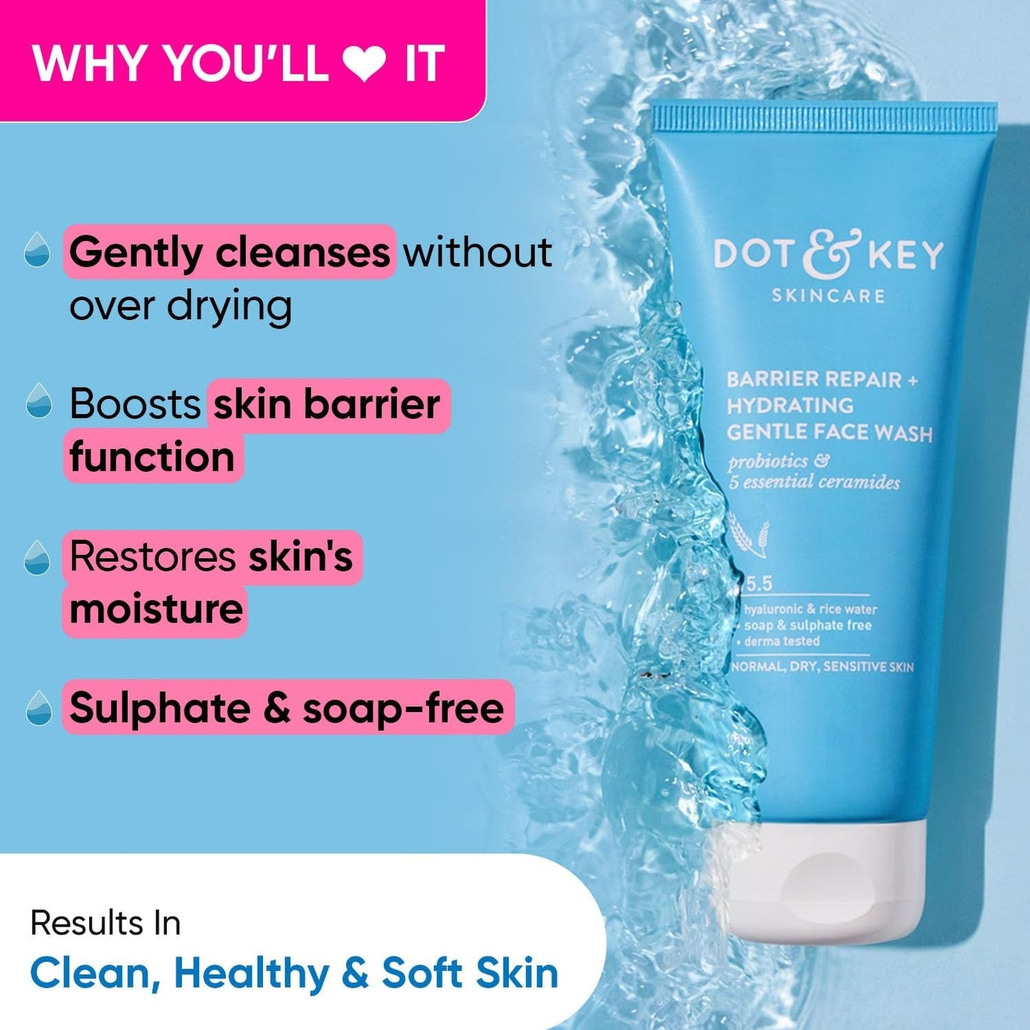 Dot & Key Barrier Repair Hydrating Gentle Face Wash For Dry, Normal & Sensitive Skin With Hyaluronic & Rice Water - Indyancart