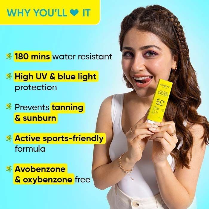Dot & Key Lime Rush SPF 50+ sunscreen tube with vibrant lime design, suitable for swim and sports protection.
