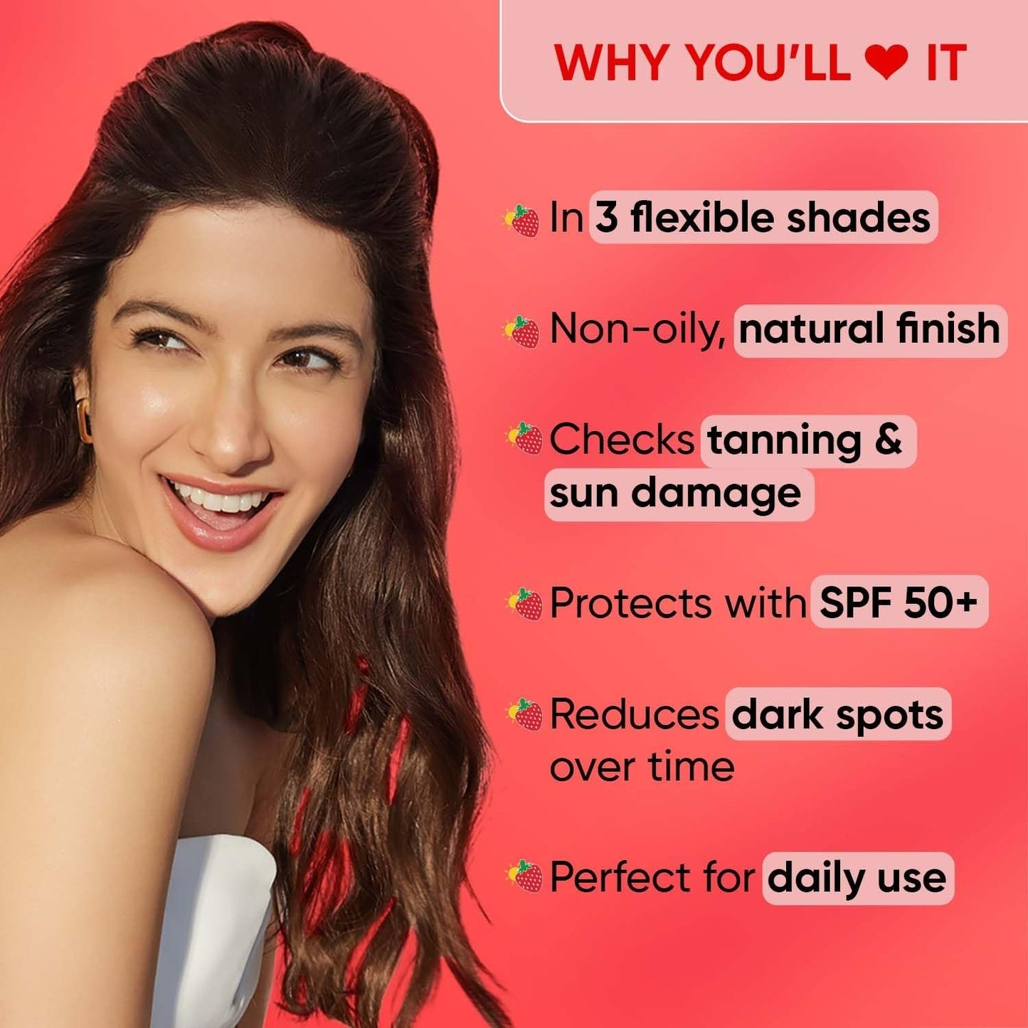 Dot & Key Strawberry Dew Tinted Sunscreen in beige, showing the tube with berry-inspired design and product label.