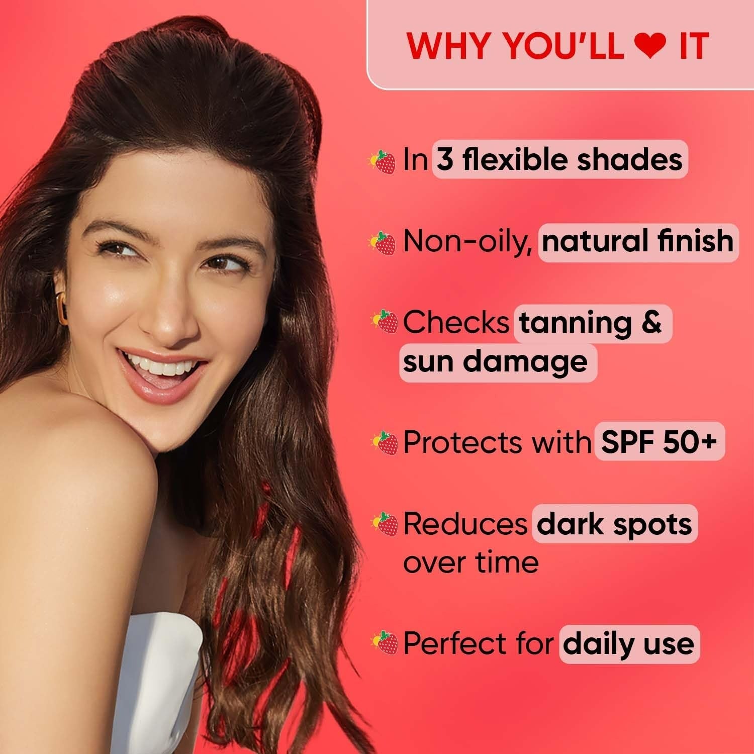 Dot & Key Strawberry Dew Tinted Sunscreen in beige, showing the tube with berry-inspired design and product label.