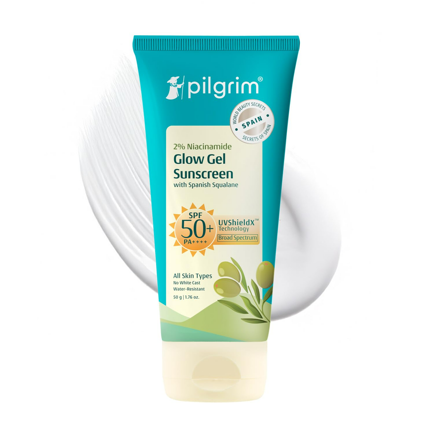 Pilgrim Niacinamide Glow Sunscreen SPF 50+ with broad spectrum protection, non-greasy formula, no white cast, enhances skin glow