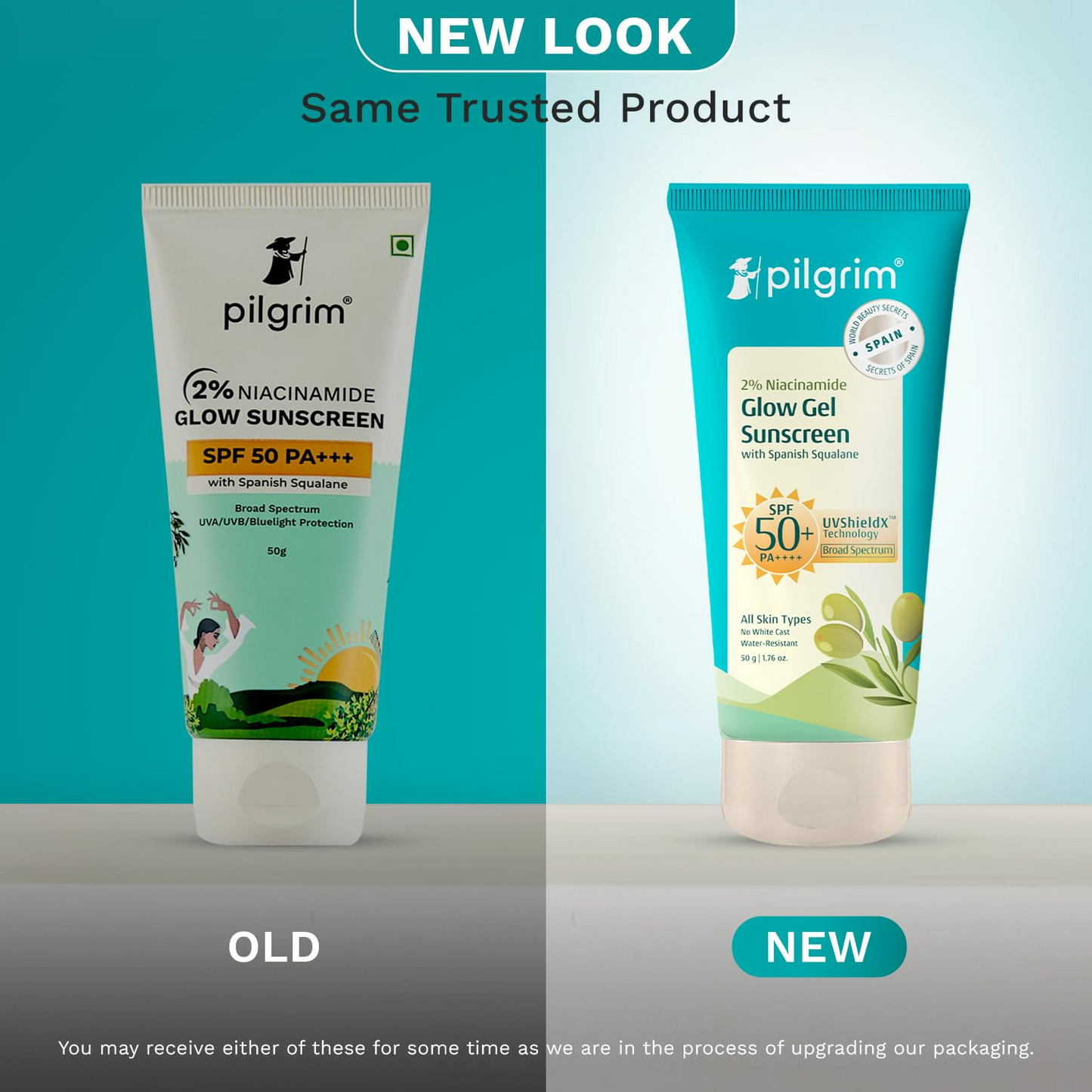 Pilgrim 2% Niacinamide Glow Sunscreen SPF 50+ with broad spectrum, non-greasy formula, visible in the image.
