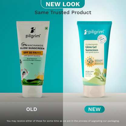 Pilgrim 2% Niacinamide Glow Sunscreen SPF 50+ with broad spectrum, non-greasy formula, visible in the image.