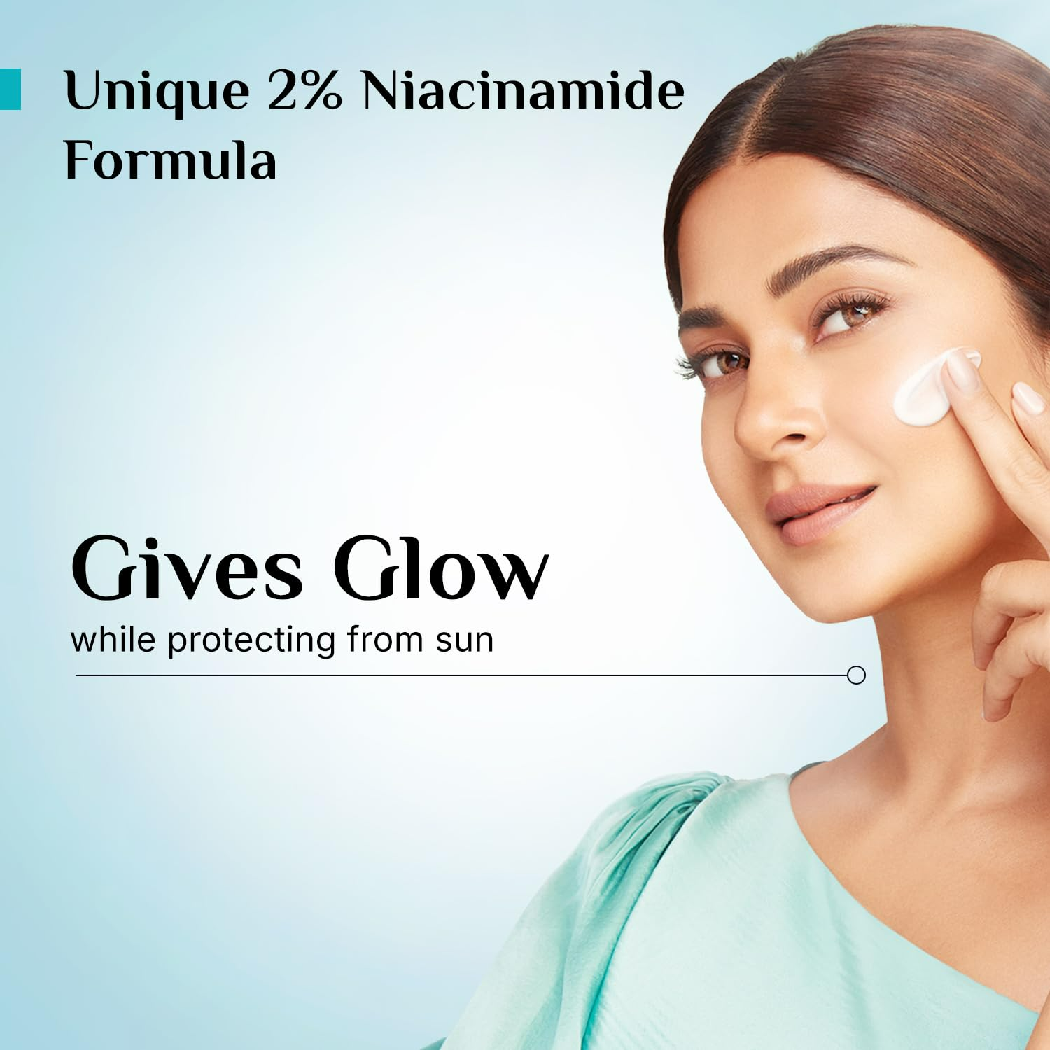 Pilgrim Niacinamide Glow Sunscreen SPF 50+++, broad spectrum, non-greasy formula with no white cast, enhances skin glow.