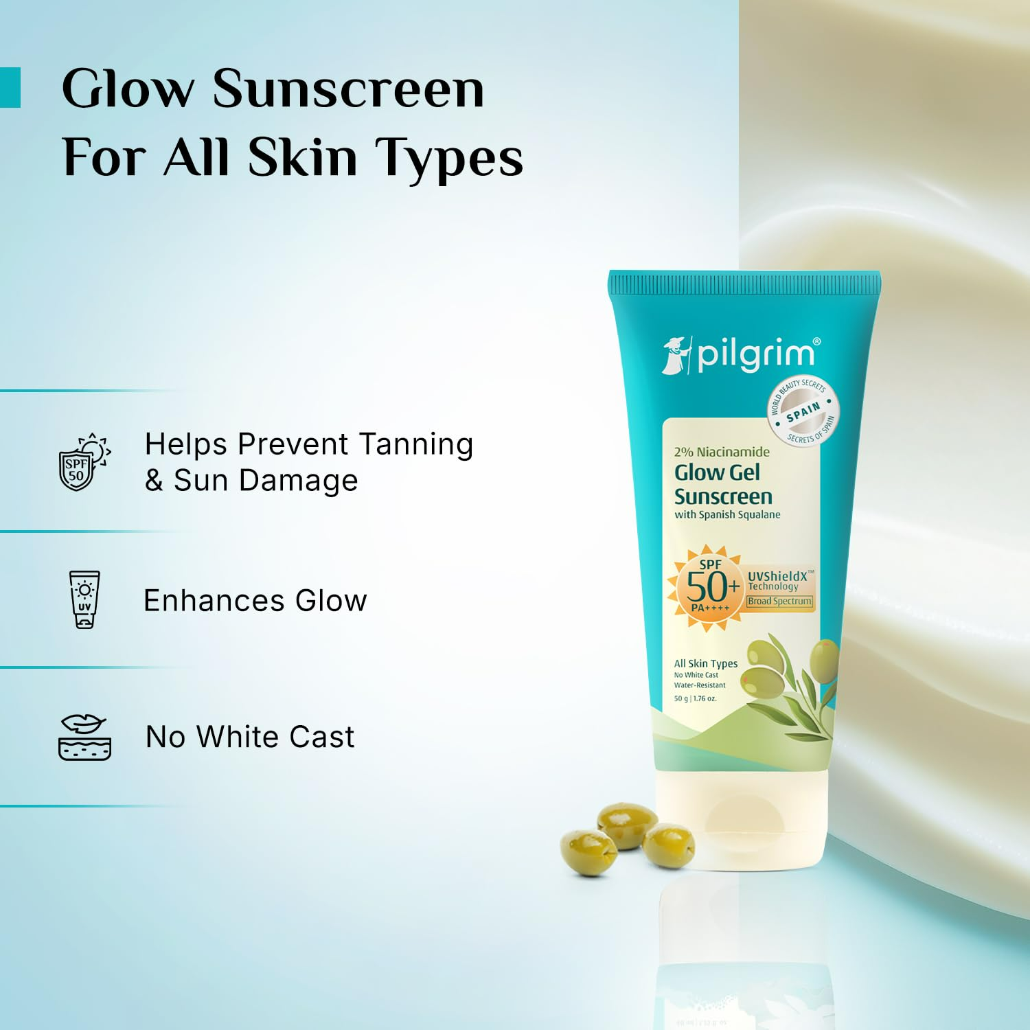 Pilgrim 2% Niacinamide Glow Sunscreen SPF 50+ with broad spectrum protection, non-greasy, no white cast, enhances skin glow.