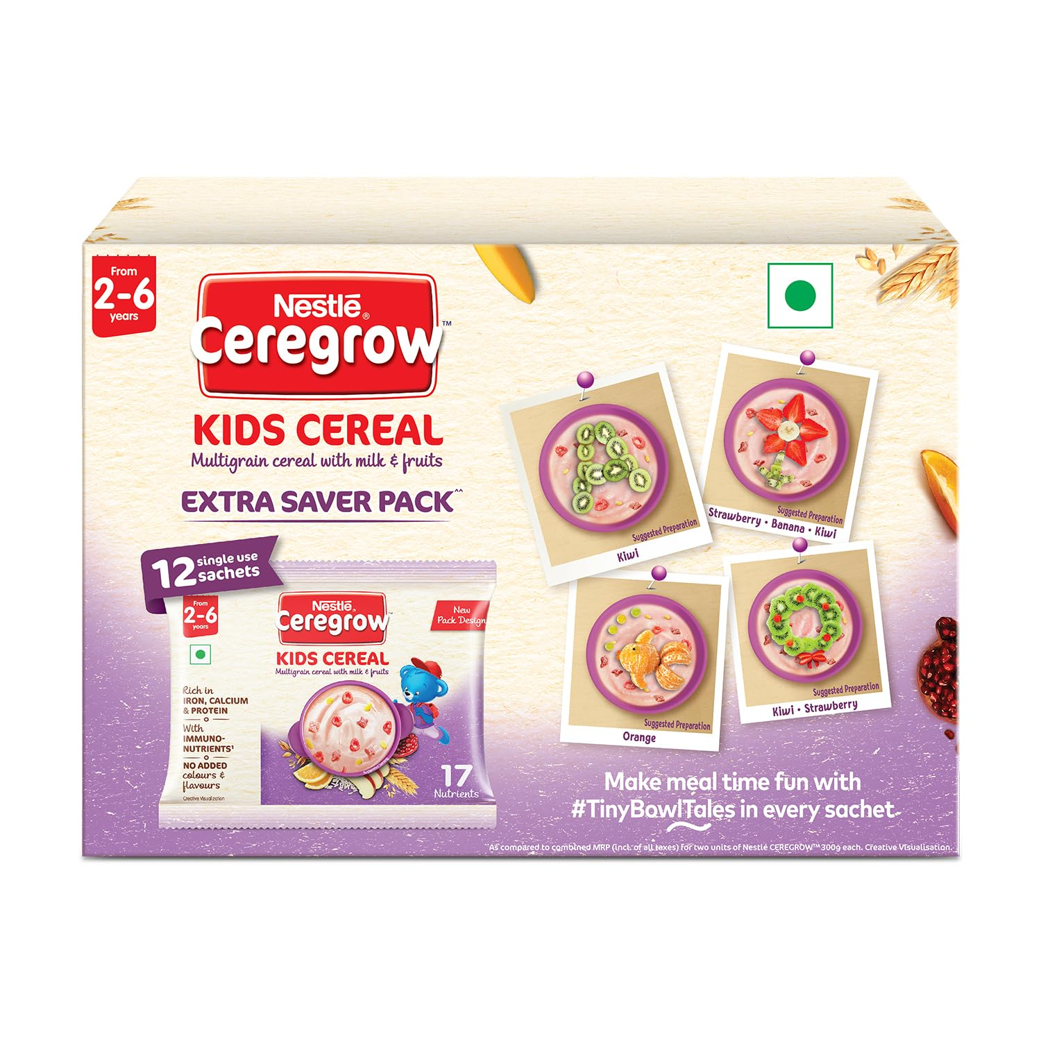 Nestle Ceregrow Kids (2-6 yrs) Cereal-Multigrain, Milk & Fruits, Rich in Iron, Calcium & Protein - Indyancart