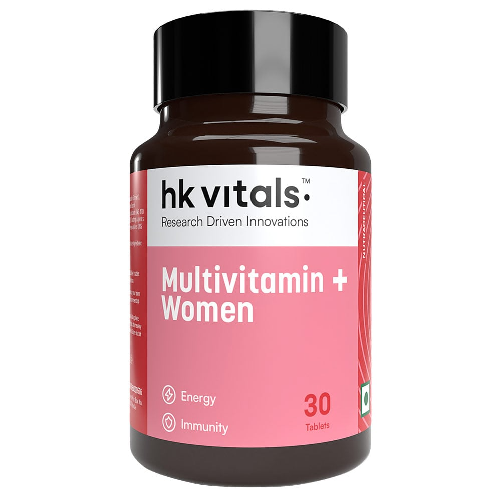 HK Vitals Multivitamin Plus Women Ayurvedic Tablets bottle with colorful label and tablets inside.