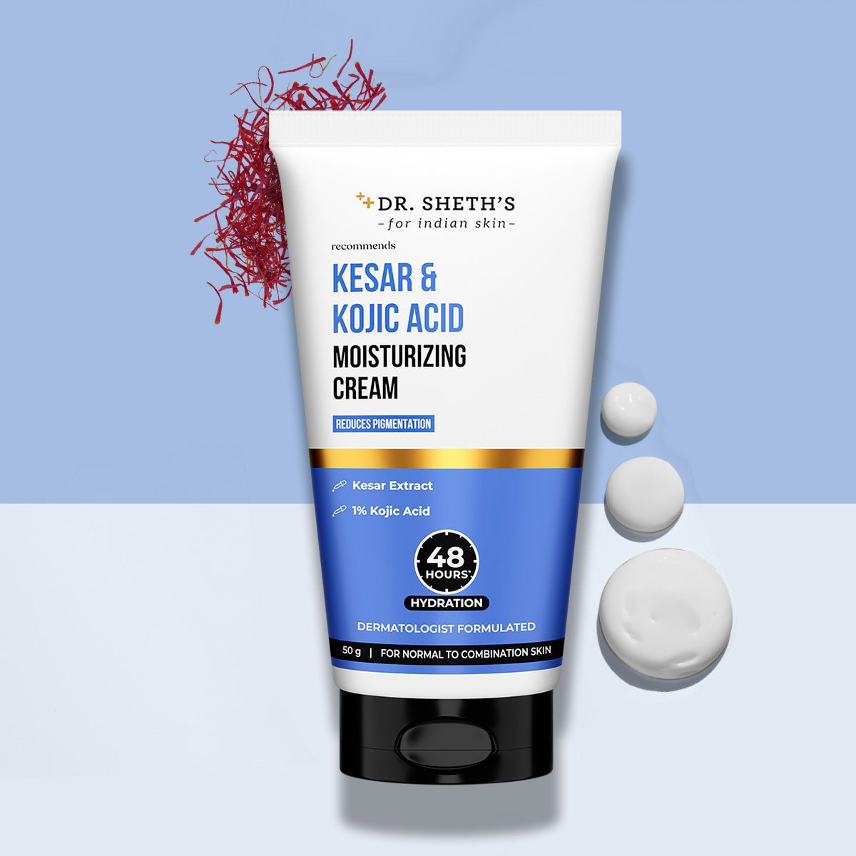 Dr. Sheth's Kesar & Kojic Acid face moisturizer jar with label, showcasing the packaging and product design.