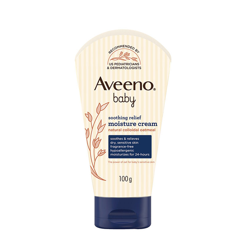 Aveeno Baby Soothing Relief Face & Body Moisture Cream with oatmeal for dry, sensitive skin on a baby’s face and body.