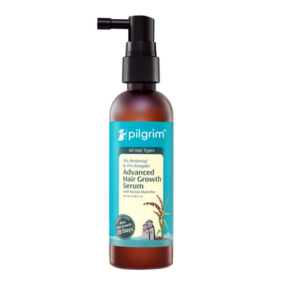 Pilgrim hair serum with 3% Redensyl and 4% Anagain, featuring Korean black rice for advanced hair growth and thickening.