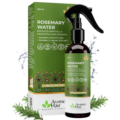 Avimee Herbal rosemary water hair spray bottle for hair growth, scalp health, and fall control, with fresh rosemary herbal ingredients.