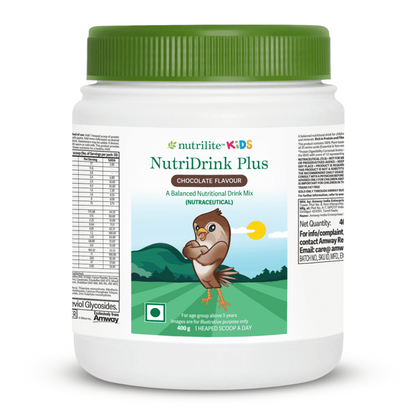 Kids NutriDrink Plus chocolate-flavored baby nutritional powder by Nutrlite, showing a colorful container with scoop and powder.