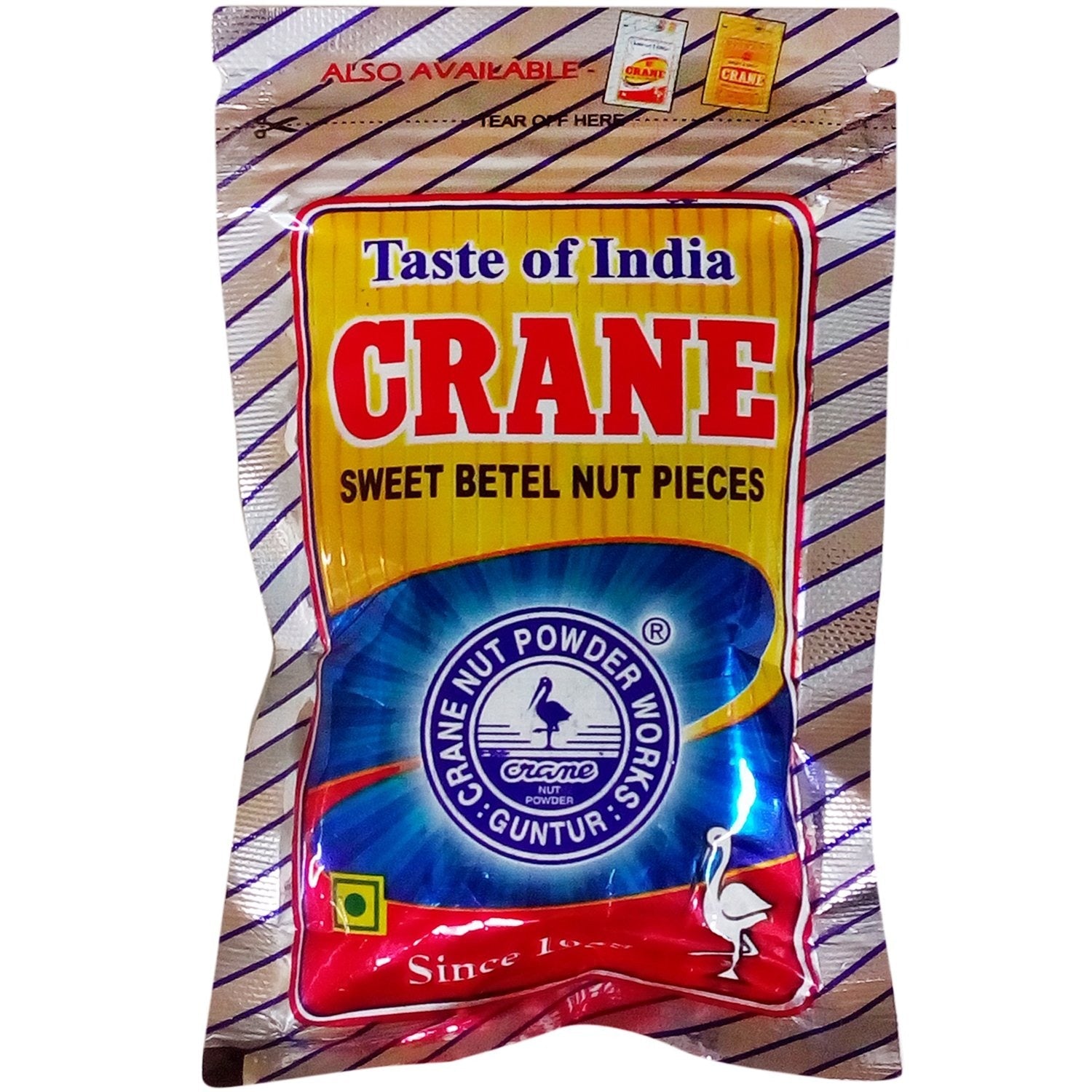 Crane Betel Nut Pieces in a blue pouch, premium Indian mouth freshener and supari, showcasing shiny, sweet blue-coated betel nut pieces.